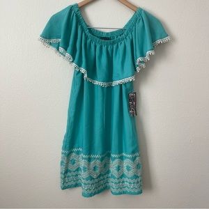 TRIXXI Off Shoulder Embroidered Dress in Aqua in Size XS